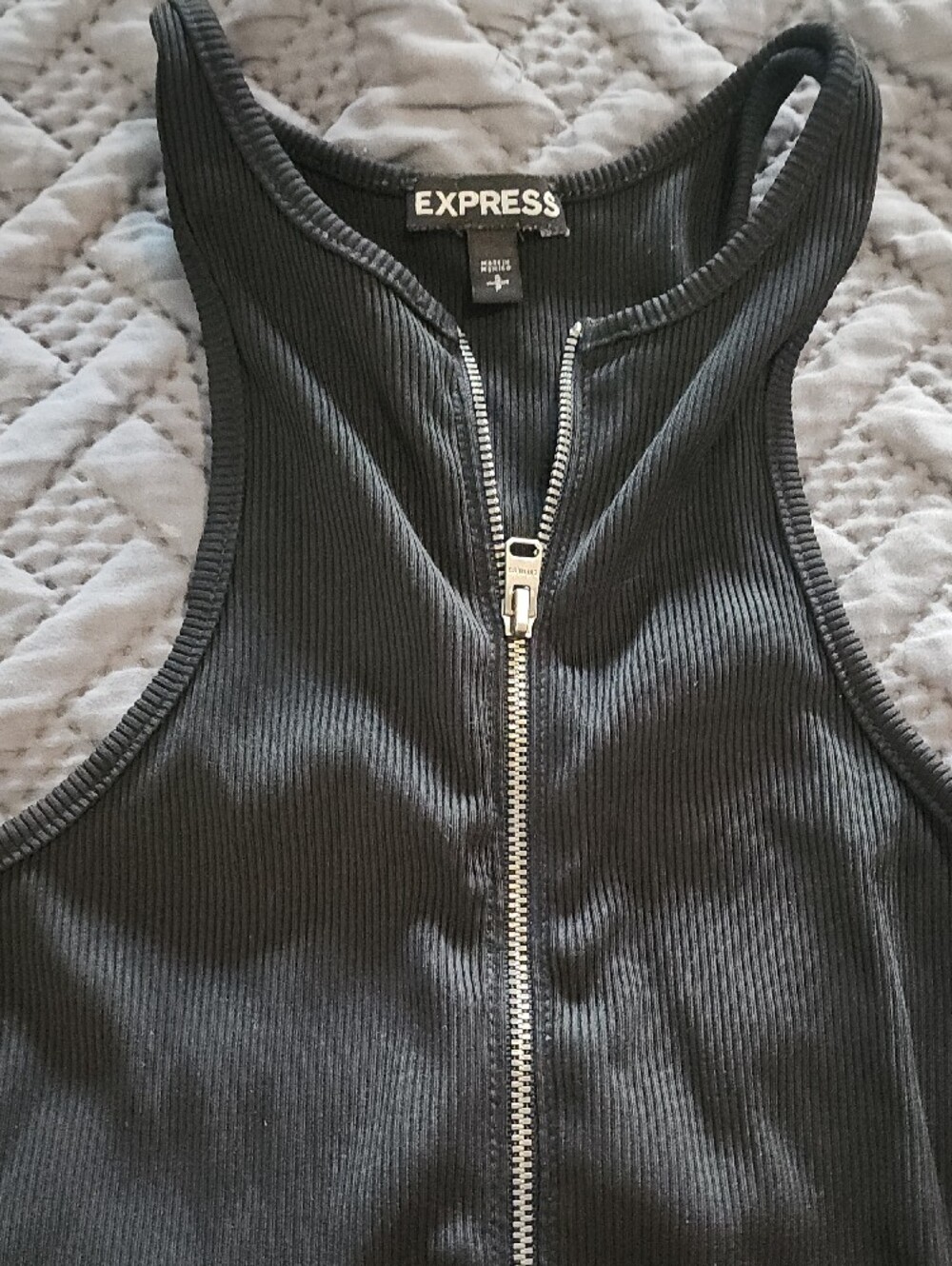 Express Black Ribbed Zip-Front Racerback Bodysuit - Picture 2 of 7